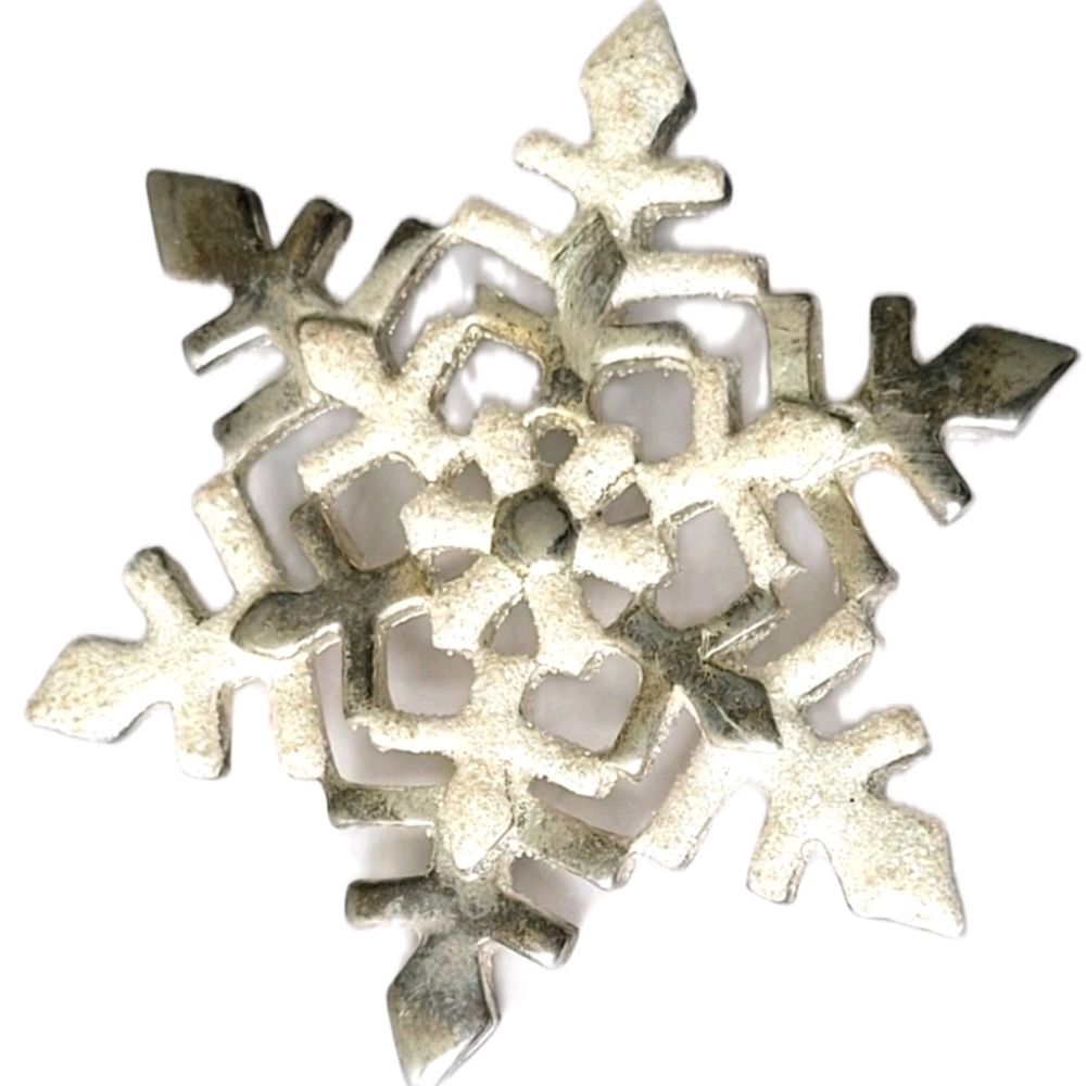 Silver Tone And White Snowflake Brooch